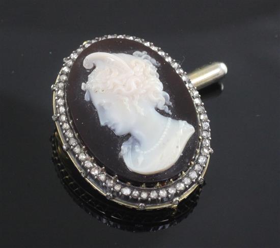 A 19th century French 18ct gold and rose cut diamond mounted sardonyx oval cameo brooch, 36mm.